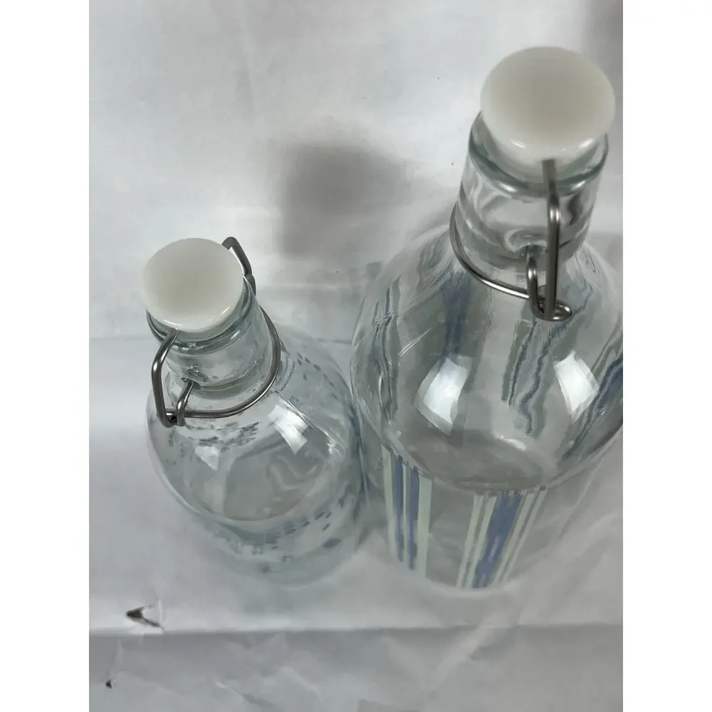 Set Of 2 Retired IKEA KORKEN Glass Bottles w/ Stopper Blue Green Floral Stripes